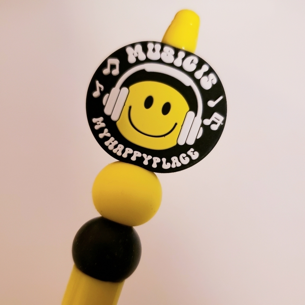 Handmade Silicone Focal Beaded Smiley Face Music is My Happy Place Pen
